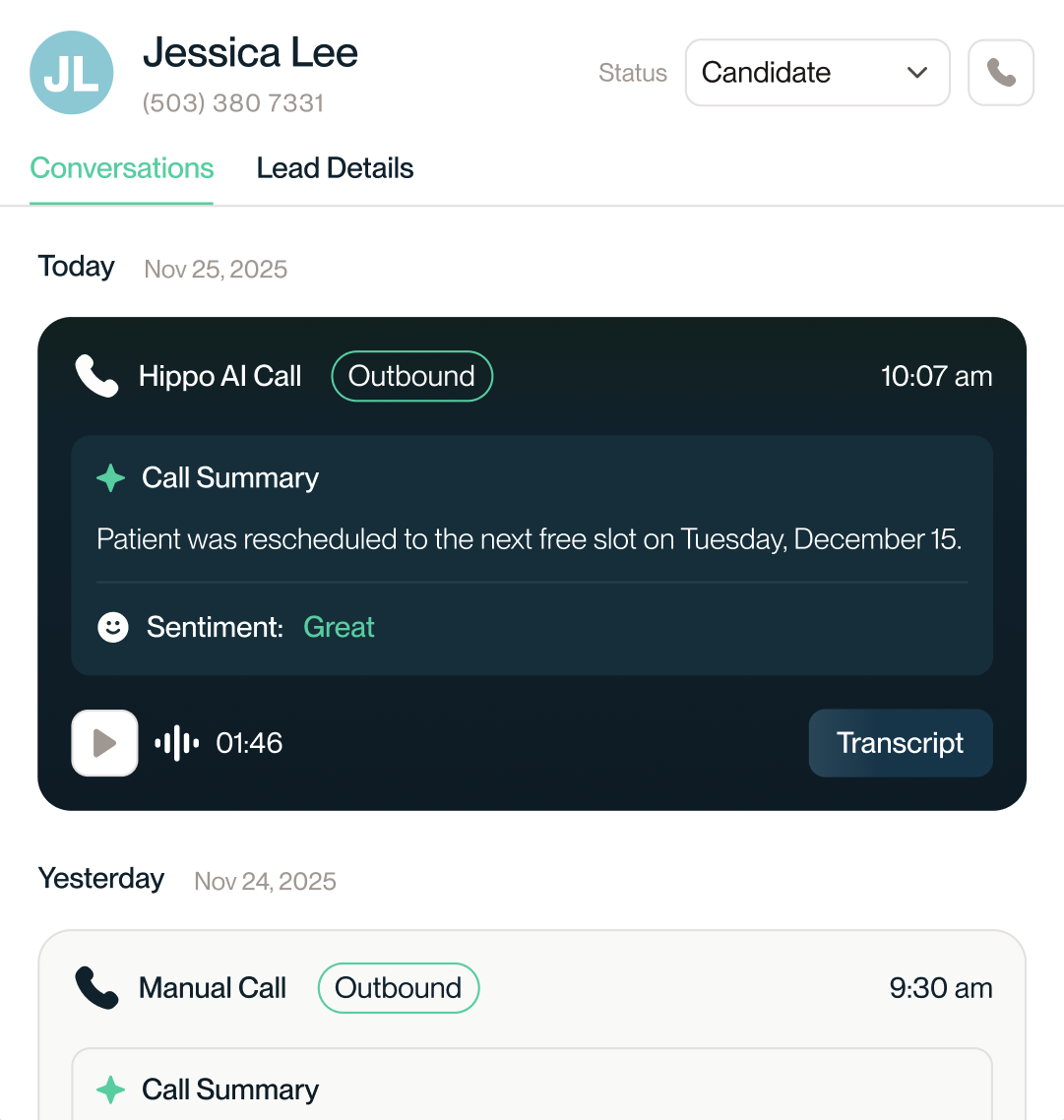 Hippo AI Call interface showing conversation with patient